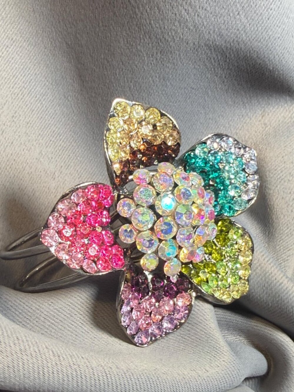 Rhinestone Flower Clamper Bracelet Multicolor Statement Cuff
